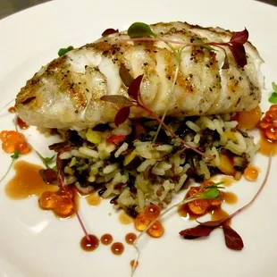 Hawaiian Mahi Mahi with wild rice, sweet yams, Inaba Farms squash, ponzu vinaigrette, and Alaskan masago