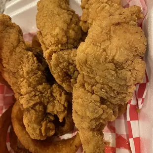 Chicken strips and onion rings