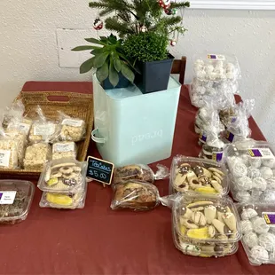a table of cookies and pastries