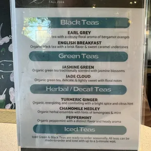 Tea menu