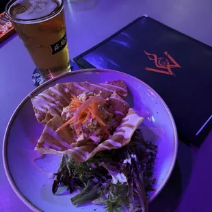 Thai Curry Chicken Wonton with a Narragansett on draft