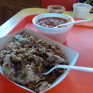 Choppeed beef and baked beans