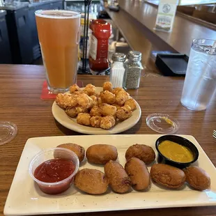 Mini corn, dogs, tater tots, and blood orange IPA