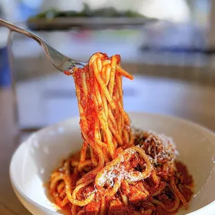 Bucatini all'Amatriciana w/ tempeh bacon, chili flakes, oregano, shaved parmesan |  $18
