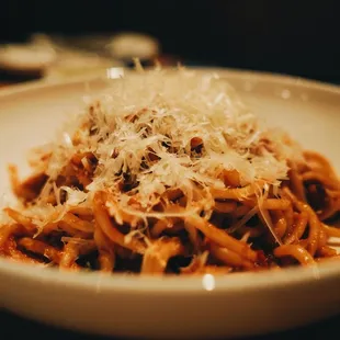 Bucatini All' Amatriciana (tempeh bacon, chili flakes, oregano, shaved parmesan) | $18