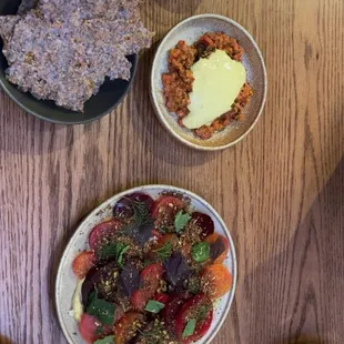 Beet salad and beef tartare apps