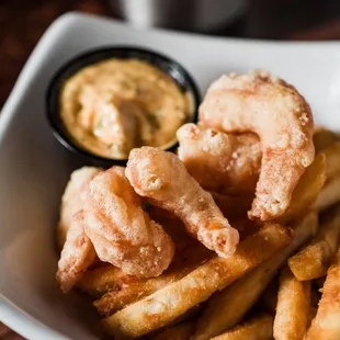 Wild Hour Special - Shrimp &amp; Fries. 6 shrimp lightly breaded and fried served with crispy fries and Wildwood fish dip.