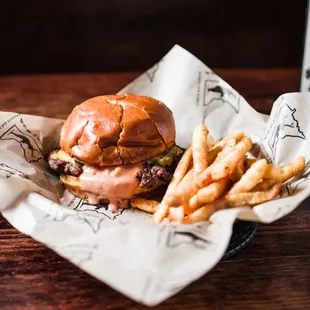 Wild Hour Special - Smash Burger &amp; Fries. 1/3 pounder with american cheese, pickles, sweet mayo, on a toasted brioche bun.