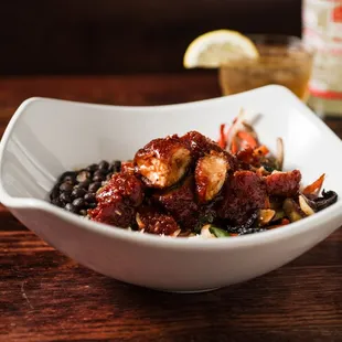 Korean BBQ Bowl - Cilantro-Lime rice, black beans, sauteed peppers, onions, carrots, mushrooms, water chestnuts, chopped wings.