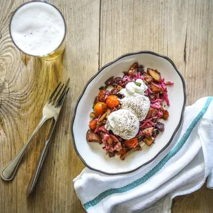 Pulled pork hash with poached eggs