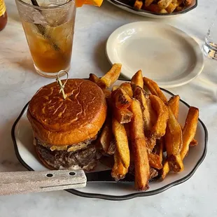 Aged beef burger with fries plus Shirley Temple