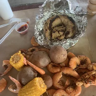 A lb of shrimp and a lb of boudin sausage. Let&apos;s eat!
