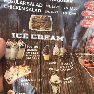 a menu for ice cream
