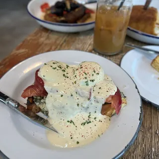 beet cured salmon benedict