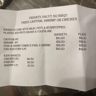 Friday Fish menu
