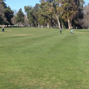 Fore!! People don't seem to realize this is a golf course. The two on the left are carrying a baby!