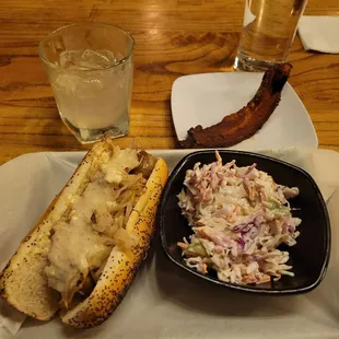 Margarita, slice of bacon, Oktoberfest hot dog with feta coleslaw