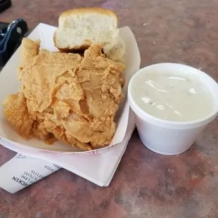 Two thighs and they country gravy. They put crack in their breading because once you've had it, you keep keep obsessing for more.