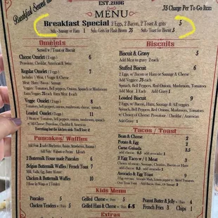 Breakfast menu with special at the top