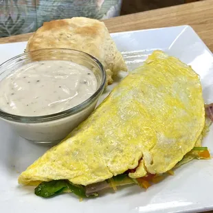 veggie omelette - STUFFED! added biscuit &amp; side of gravy