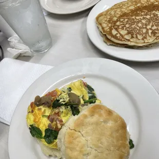 Stuffed veggie biscuit with Sausage gravy and a side of pancakes!