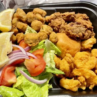 Shrimp and oyster plate with fried okra