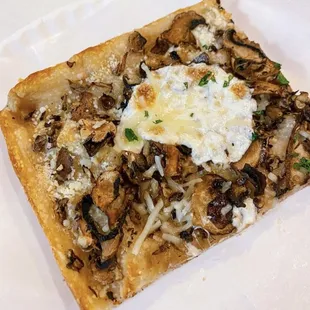 a square piece of pizza with mushrooms and cheese