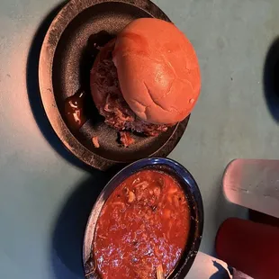 BBQ pork sandwich and Brunswick stew.