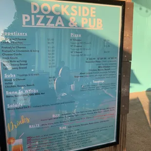 the menu for dockside pizza and pub