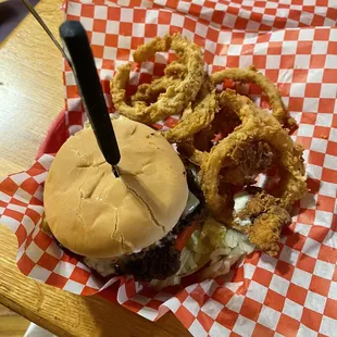 The Hater Burger with upgraded Onion Rings instead of Fries