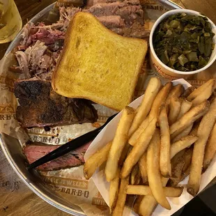 3 meat combo with 2 sides - brisket, pulled pork and ribs with French fries and collard greens and garlic bread