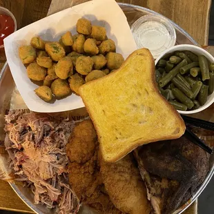 3 meat combo with 2 sides - pulled pork, chicken tenders, smoked chicken with fried okra and green beans with garlic bread