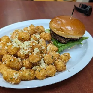Garlic tater tots and teriyaki burger