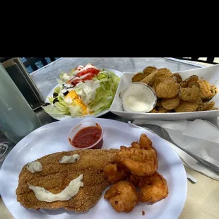Side salad fish and shrimp &amp; angry pickles