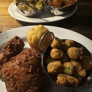 Dark meat chicken, fried okra, cornbread