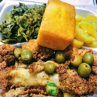 CORNBREAD LOG, CATFISH, KALE GREENS, SQUASH.