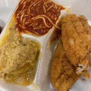 Fried Catfish w/Sides of Spaghetti and Dressing