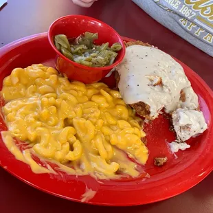 Chicken fried chicken, Mac n cheese, roll, and green beans!!!!