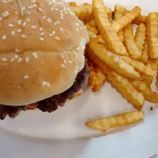 Bacon hamburger basket with fries.