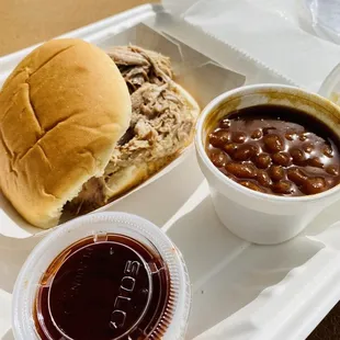 Pulled pork sandwich with baked beans
