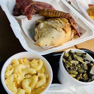 Meal deal - ribs and chicken with collard greens and mac and cheese