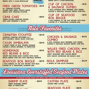Willie's Bol House Southern Platters Menu and Appetizer Menu
