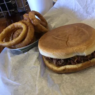Brisket sandwich and onion rings