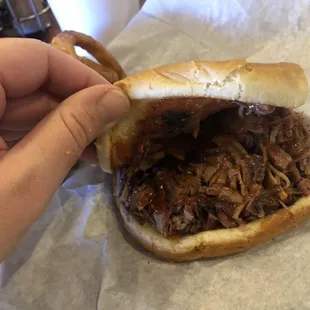 Brisket sandwich and onion rings