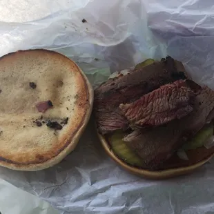 Microwave re-heated sliced brisket