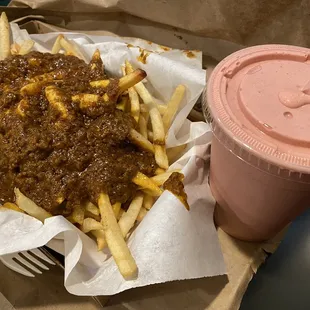 Chili Cheese Fries ~ $6.70, Strawberry Milkshake ~ $5.15