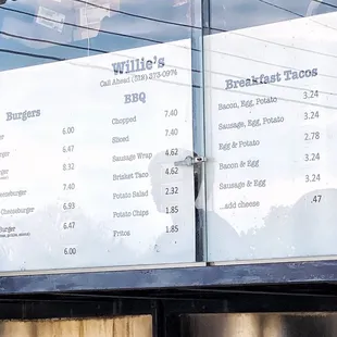 Menu and prices as of 01/2020. Burgers... BBQ Sandwiches, wraps and sides... Breakfast tacos for morning service.