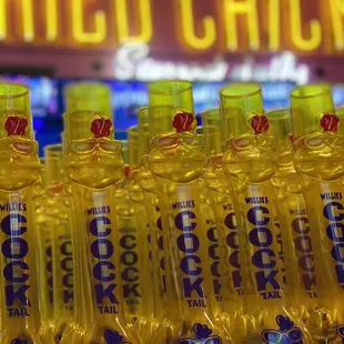 a row of bottles of chicken