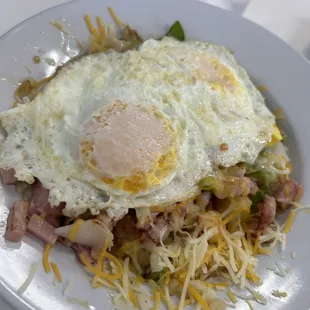 The western breakfast bowl with ham, 2 eggs over easy.