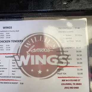 the menu for the restaurant